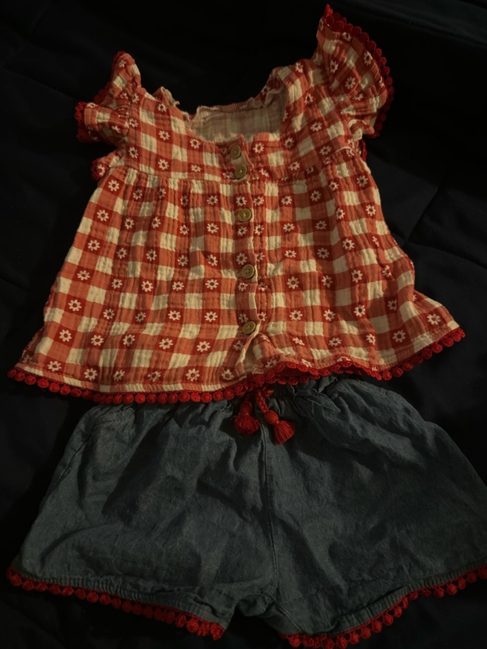 Red Gingham Floral Baby Top with Blue Shorts Set